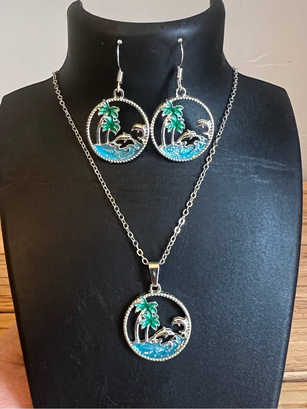 Silver Palm Tree & Dolphin Blue Enamel Necklace and Earring Set